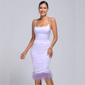 Purple Bodycon Midi Dress with Spaghetti Straps and Feathers